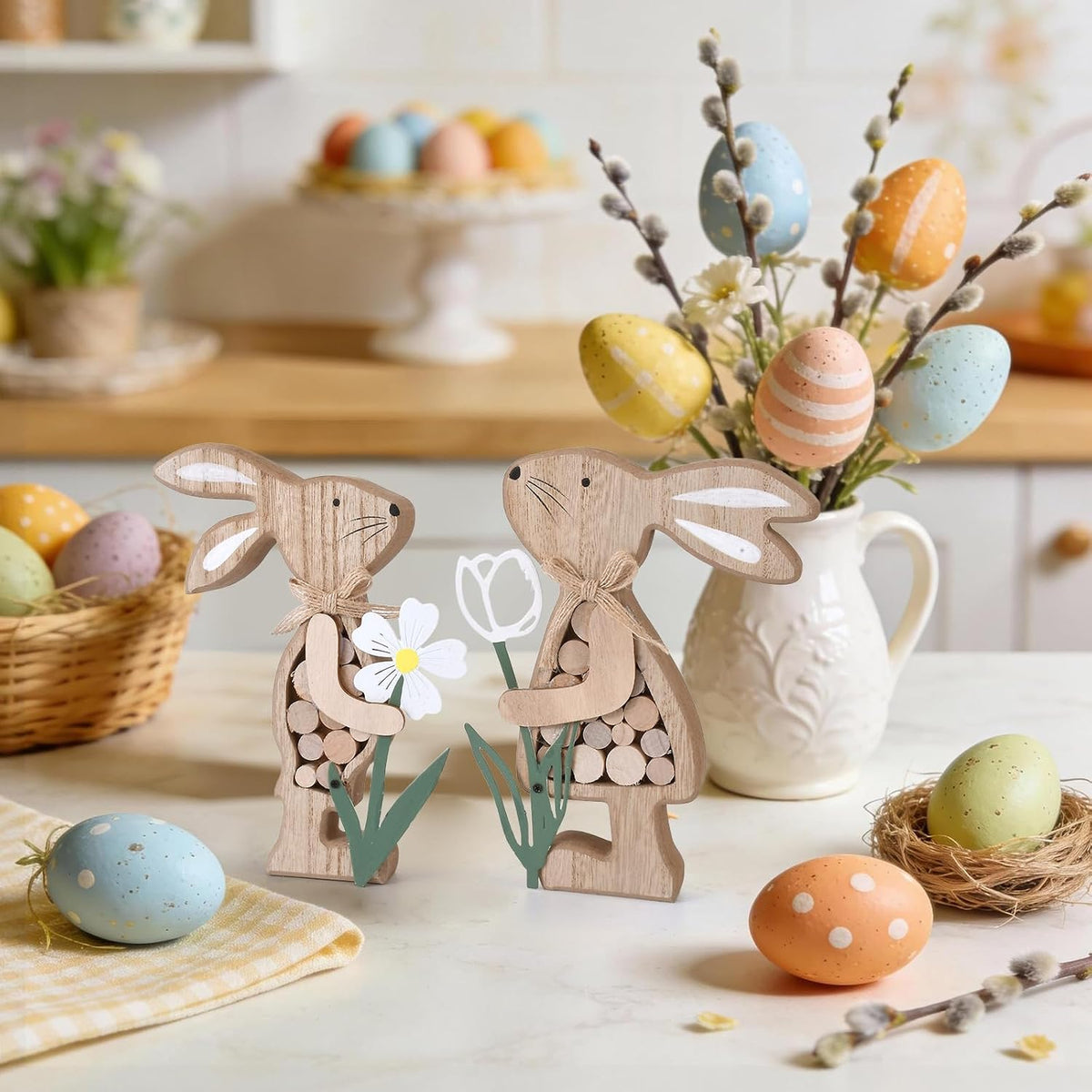 Rustic Wooden Bunny with Metal Flower, Tiered Tray Decor