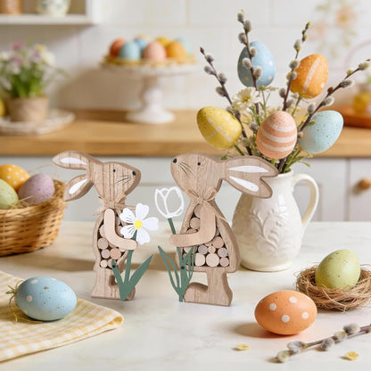 Rustic Wooden Bunny with Metal Flower, Tiered Tray Decor