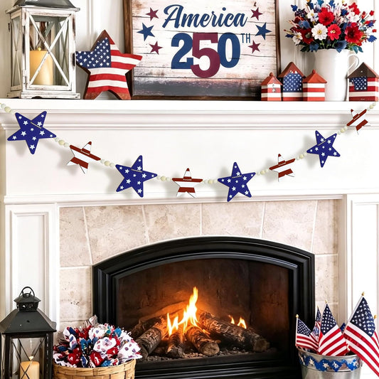 Patriotic Wooden Star Garland with Beads