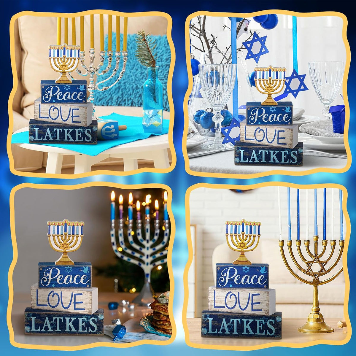 Wooden Menorah Block Signs, Set of 4
