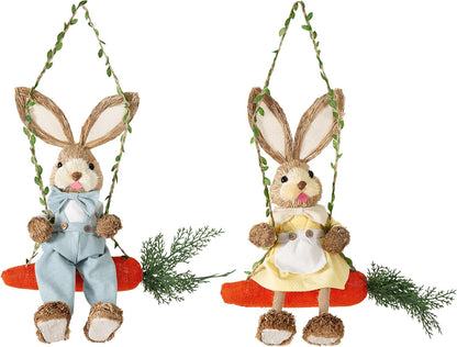 Straw Easter Bunny Swing Figurines, Set of 2
