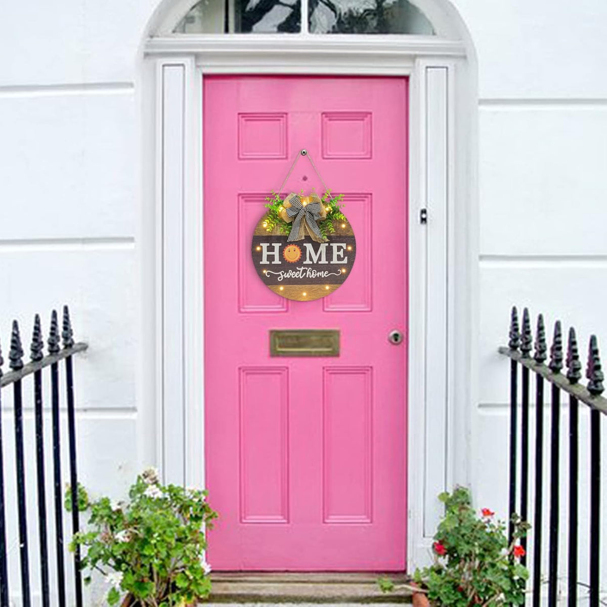 Interchangeable Welcome Sign for Front Door with 14 Changeable Icons, Farmhouse Front Porch Decor Rustic Wooden Wall Sign with 12 LED Lights, Outdoor Seasonal Welcome Home Decorations (Wood Home1)