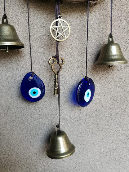 Witch Bells for Door Knob Protection,Witchy Wicca Decor Clear Negative Energies with Blue Evil Eyes for Home Garden Courtyard Decor Protection