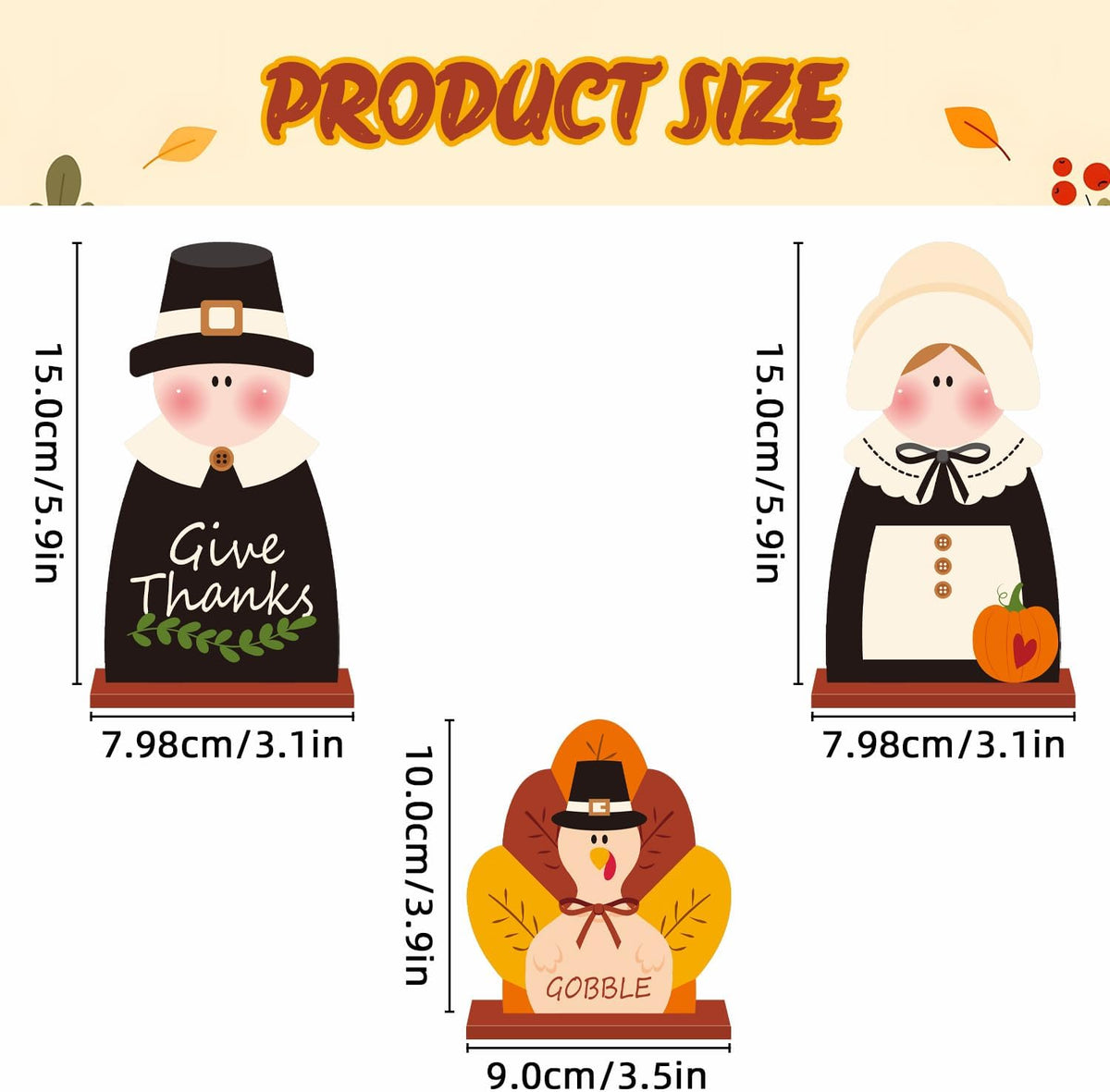 3Pcs Thanksgiving Wooden Table Centerpiece Turkey Pilgrim Couple