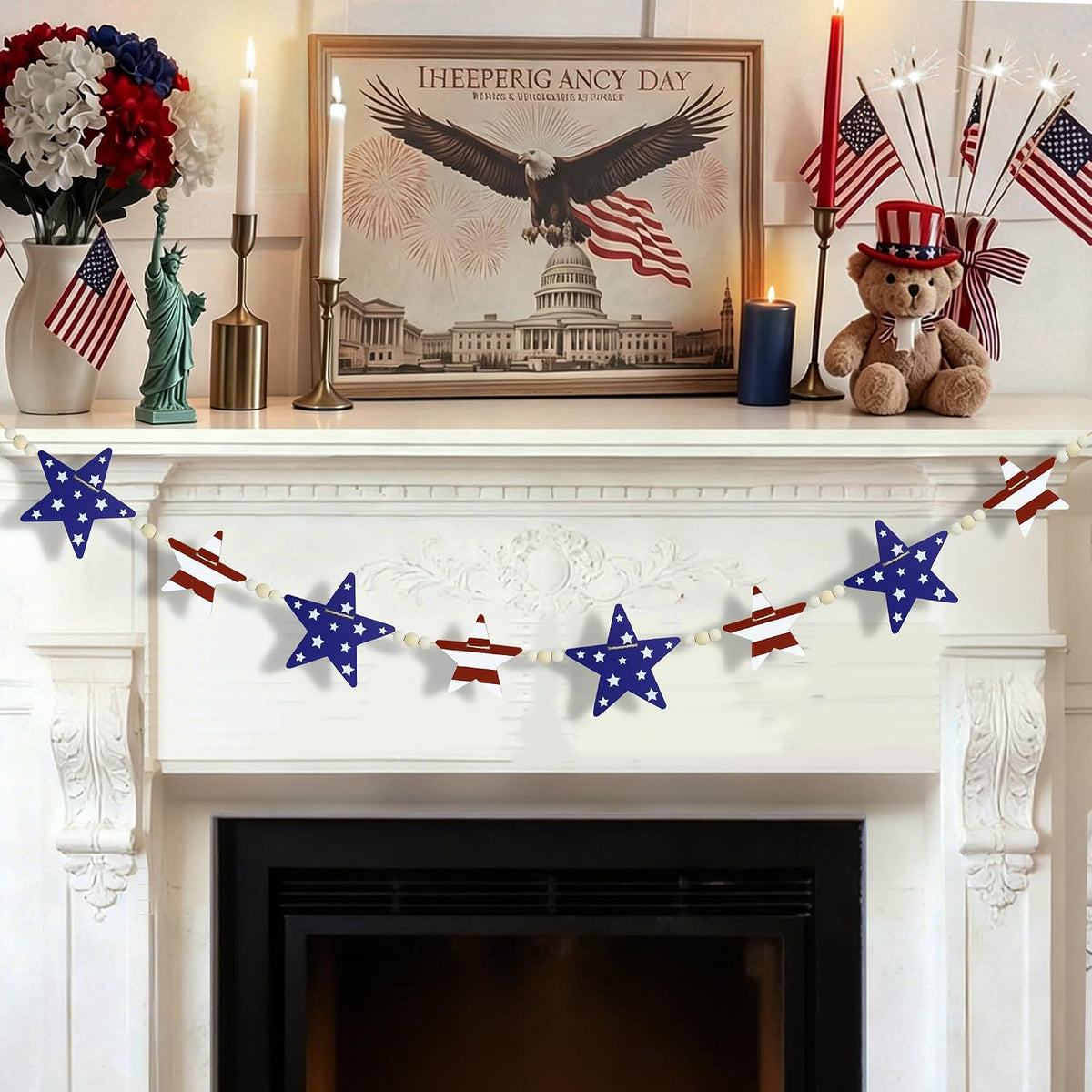 Patriotic Wooden Star Garland with Beads