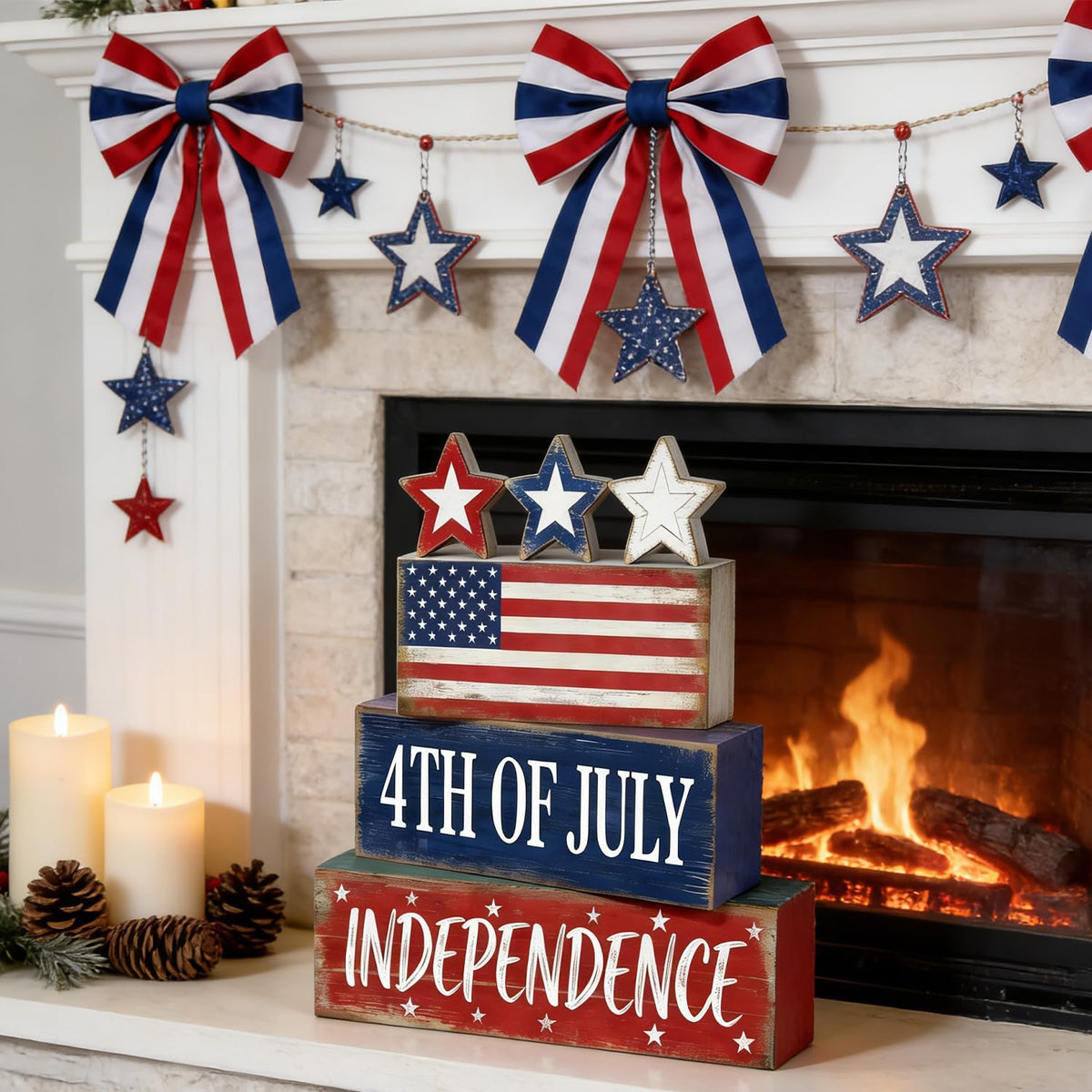 Wooden Flag Star Block Signs, Tiered Tray Decor