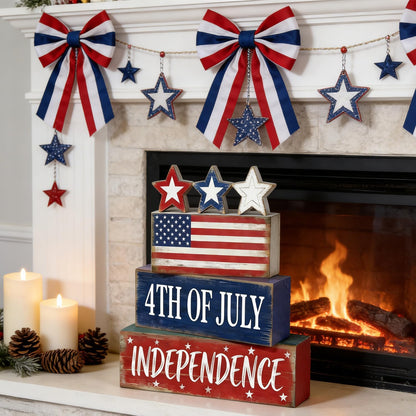 Wooden Flag Star Block Signs, Tiered Tray Decor