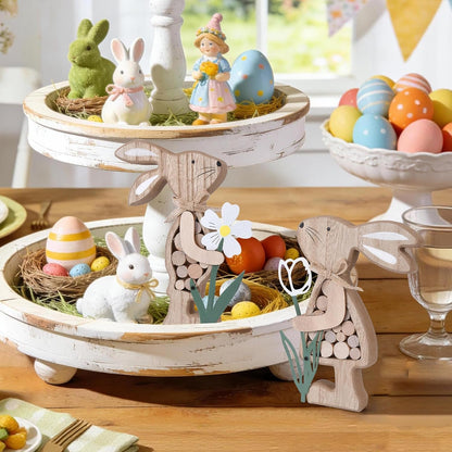 Rustic Wooden Bunny with Metal Flower, Tiered Tray Decor