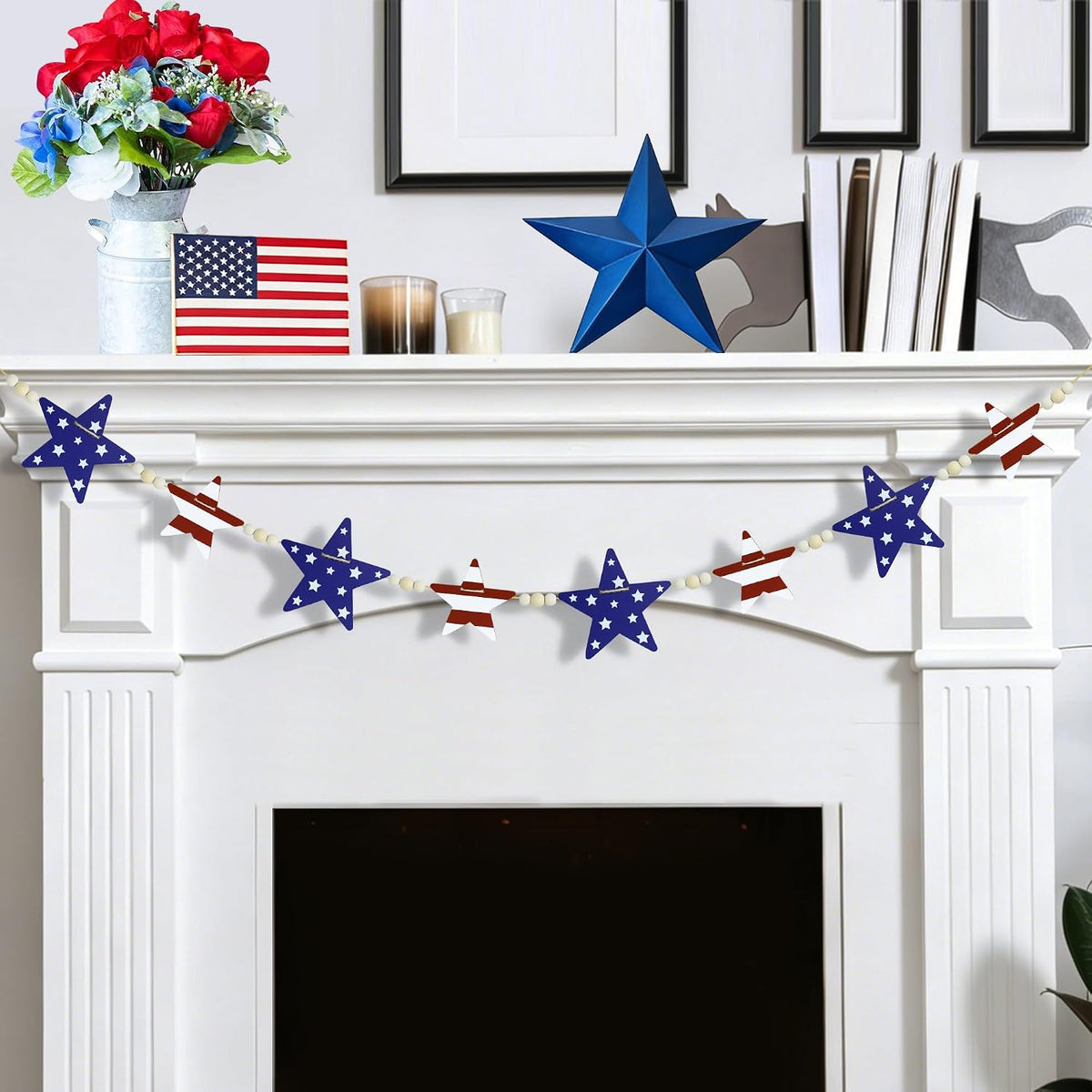 Patriotic Wooden Star Garland with Beads