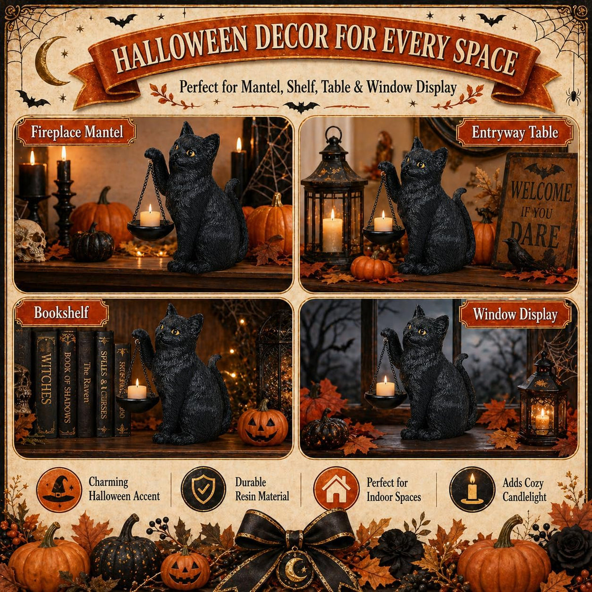 Gothic Black Cat Lamp with Tealight Candle Holder