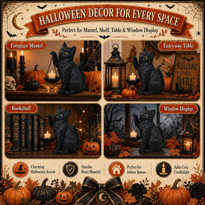Gothic Black Cat Lamp with Tealight Candle Holder