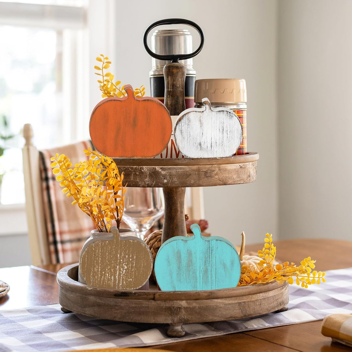 Wooden Fall Pumpkins Decorations, Set of 4 (Farmhouse Thanksgiving Tiered Tray Decor)