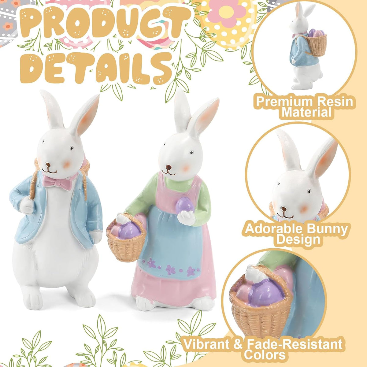 Resin Easter Bunny Figurines with Basket, Set of 2