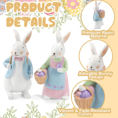 Resin Easter Bunny Figurines with Basket, Set of 2