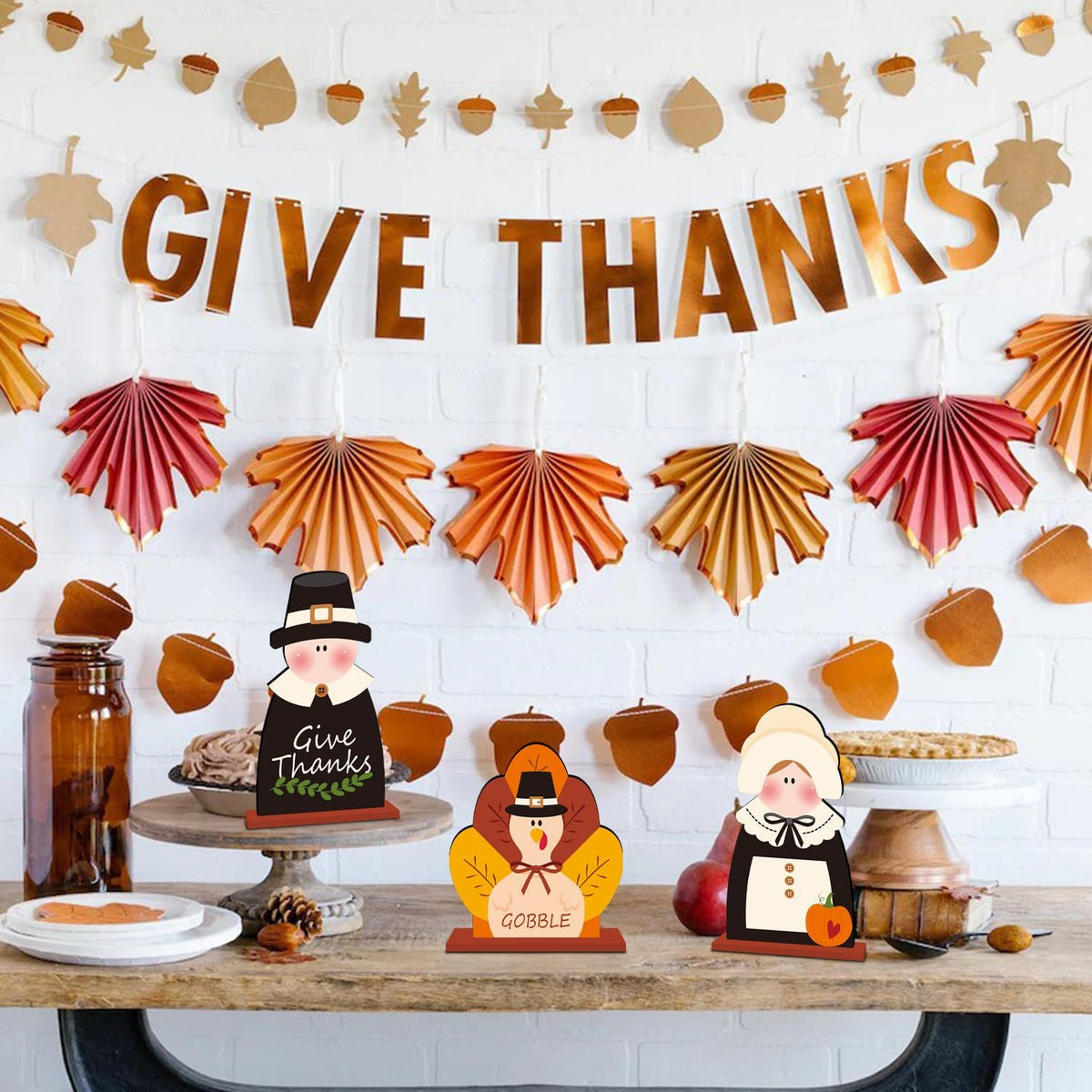 3Pcs Thanksgiving Wooden Table Centerpiece Turkey Pilgrim Couple