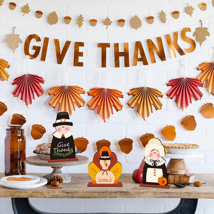 3Pcs Thanksgiving Wooden Table Centerpiece Turkey Pilgrim Couple