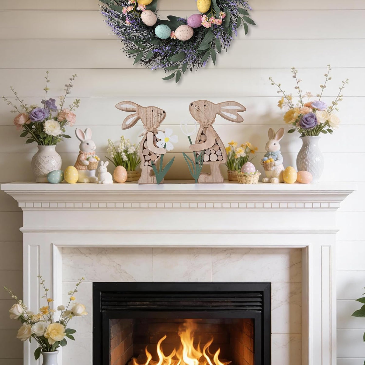 Rustic Wooden Bunny with Metal Flower, Tiered Tray Decor