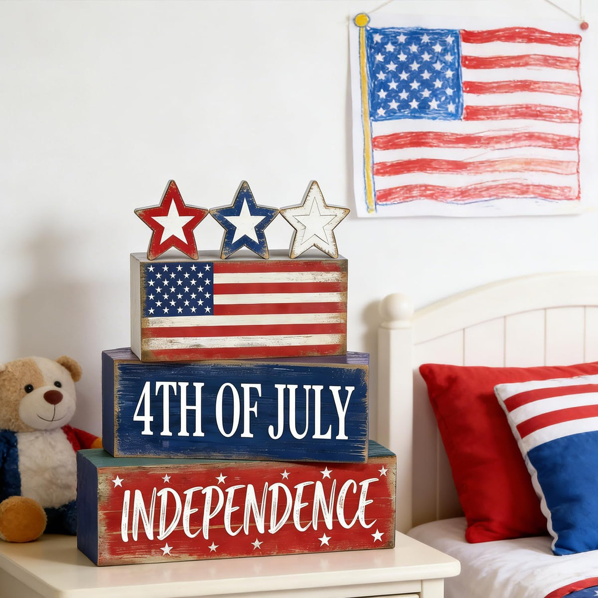 Wooden Flag Star Block Signs, Tiered Tray Decor