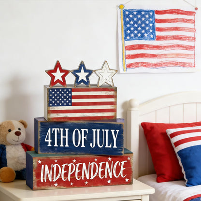 Wooden Flag Star Block Signs, Tiered Tray Decor