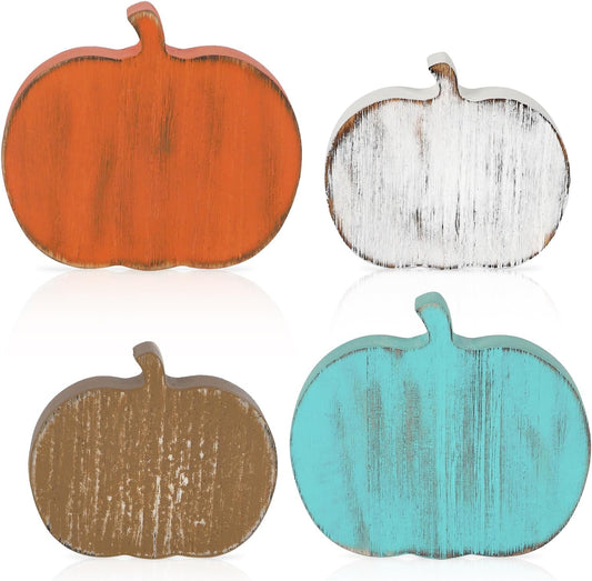 Wooden Fall Pumpkins Decorations, Set of 4 (Farmhouse Thanksgiving Tiered Tray Decor)