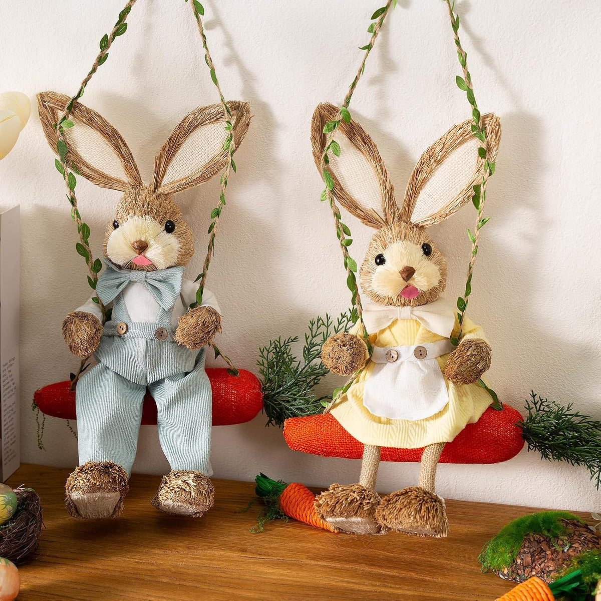 Straw Easter Bunny Swing Figurines, Set of 2