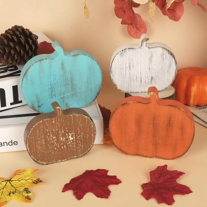 Wooden Fall Pumpkins Decorations, Set of 4 (Farmhouse Thanksgiving Tiered Tray Decor)