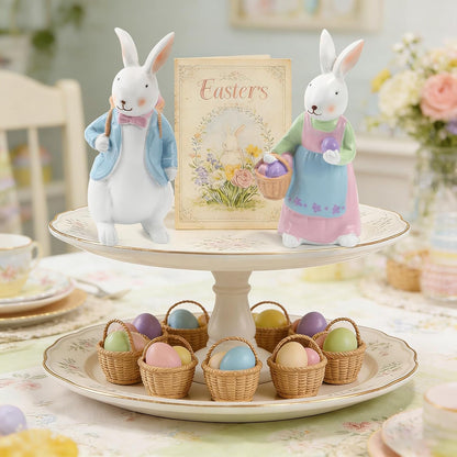 Resin Easter Bunny Figurines with Basket, Set of 2