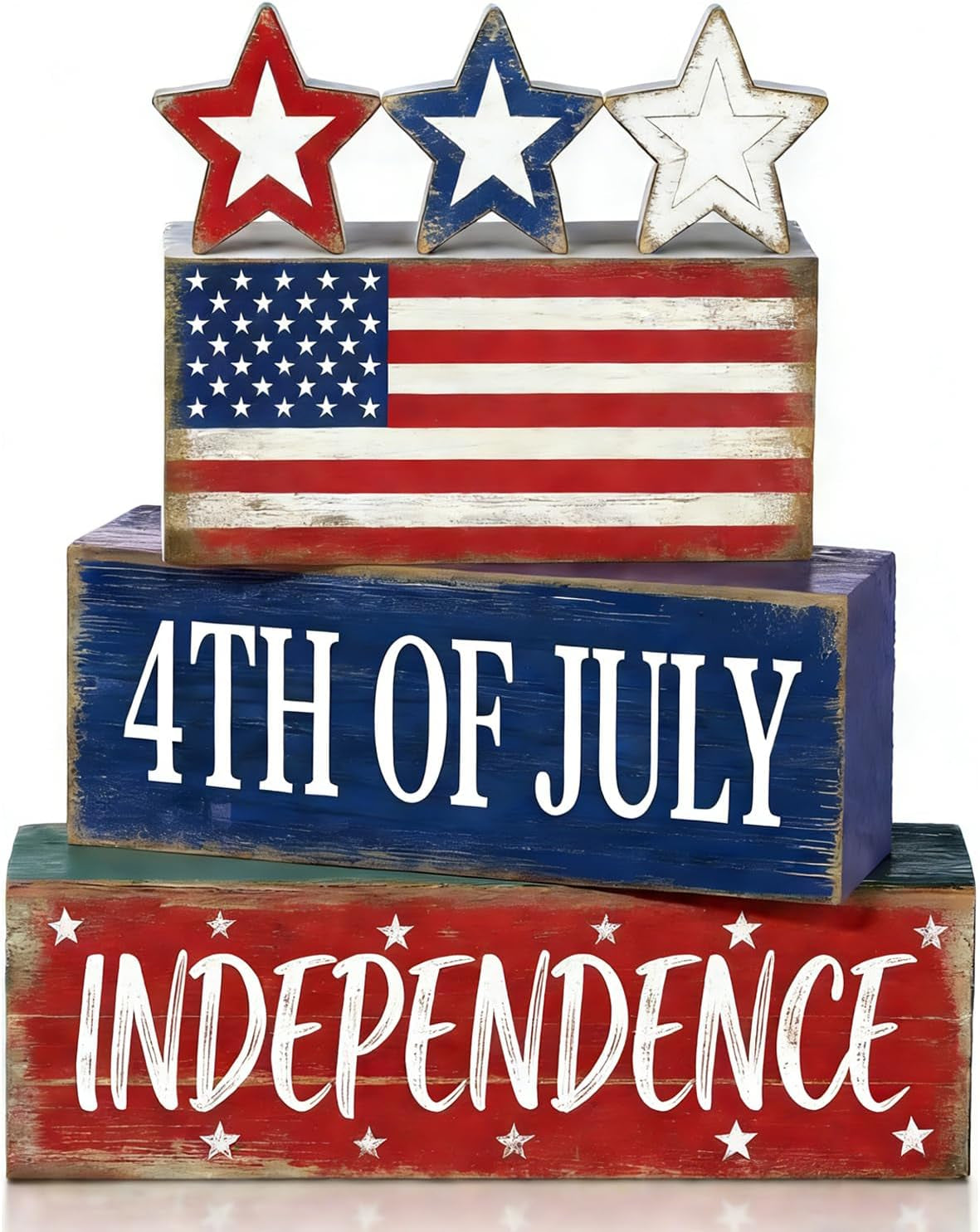 Wooden Flag Star Block Signs, Tiered Tray Decor