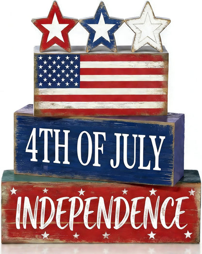 Wooden Flag Star Block Signs, Tiered Tray Decor