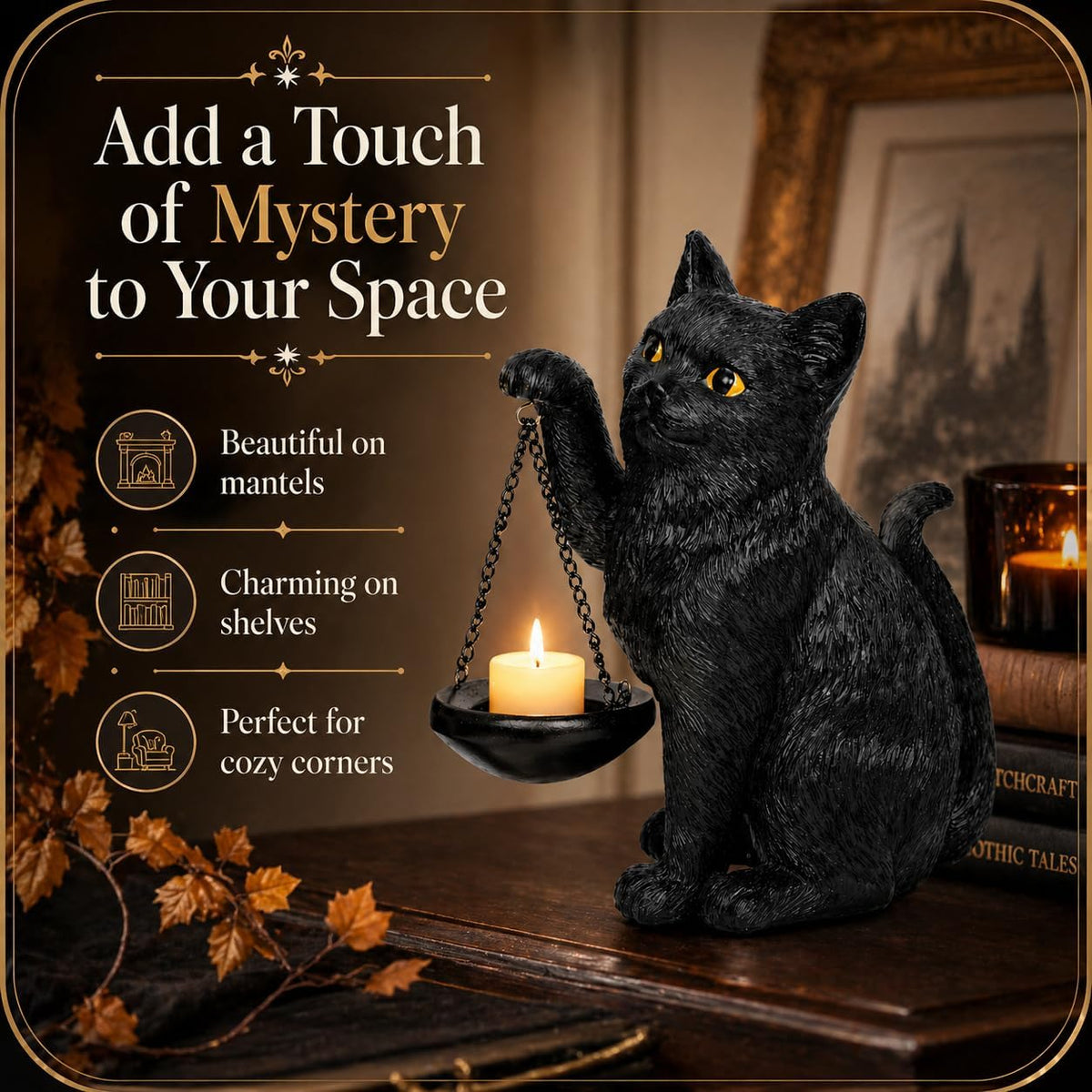 Gothic Black Cat Lamp with Tealight Candle Holder