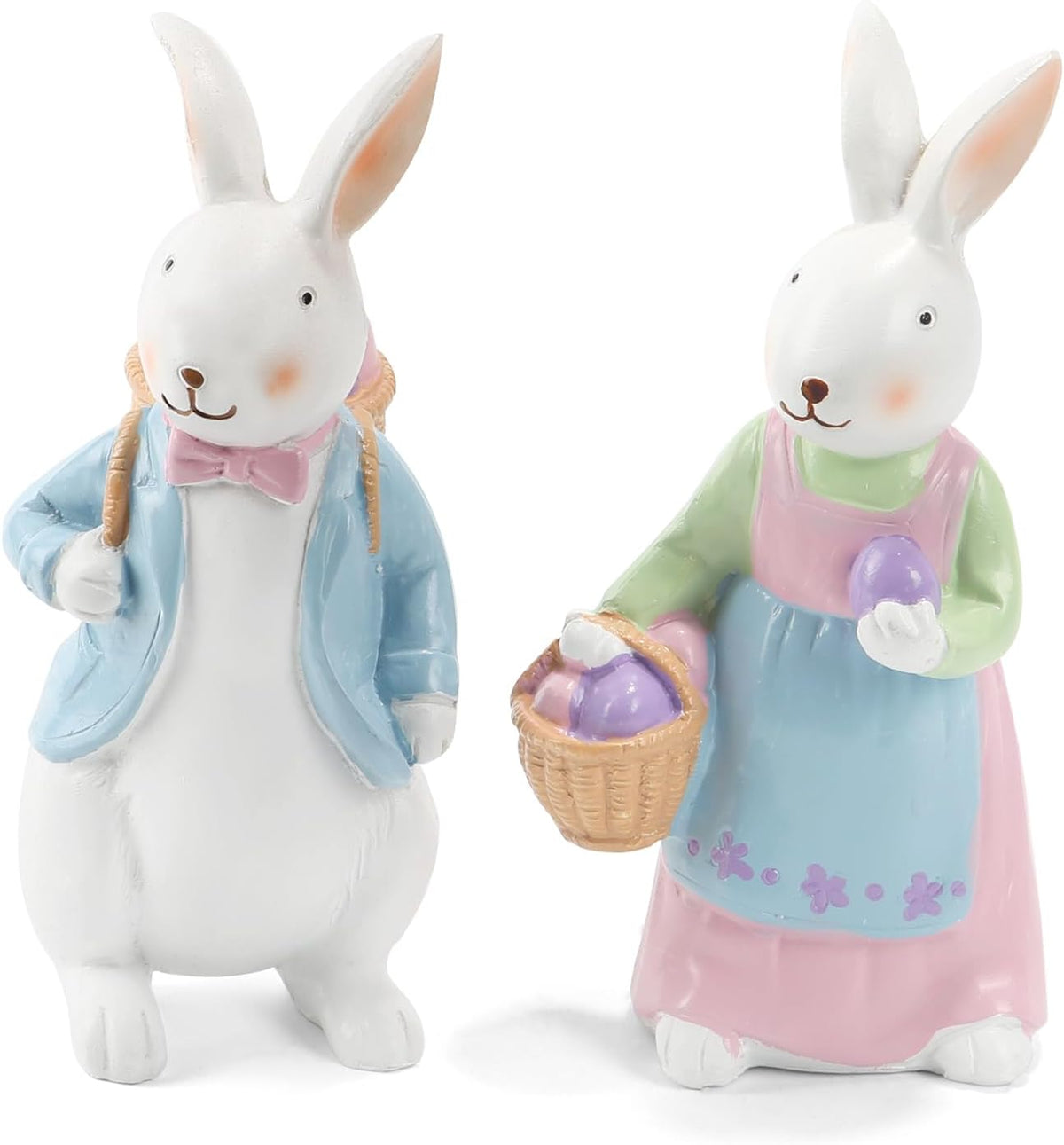 Resin Easter Bunny Figurines with Basket, Set of 2