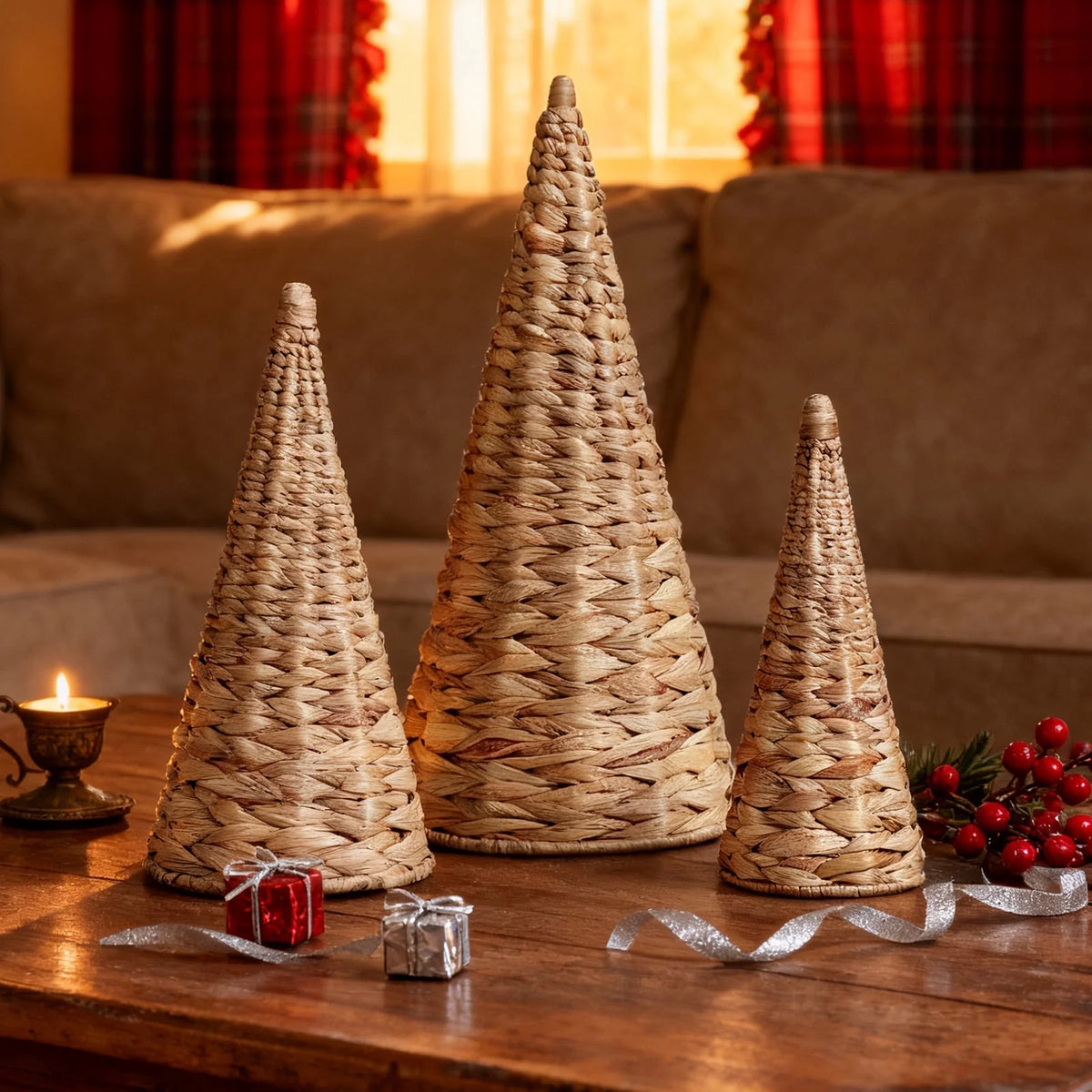 Wicker Tabletop Christmas Trees, 3Pc (Natural)