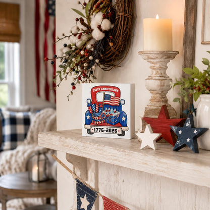 4Th of July Wooden Truck & Flag Sign