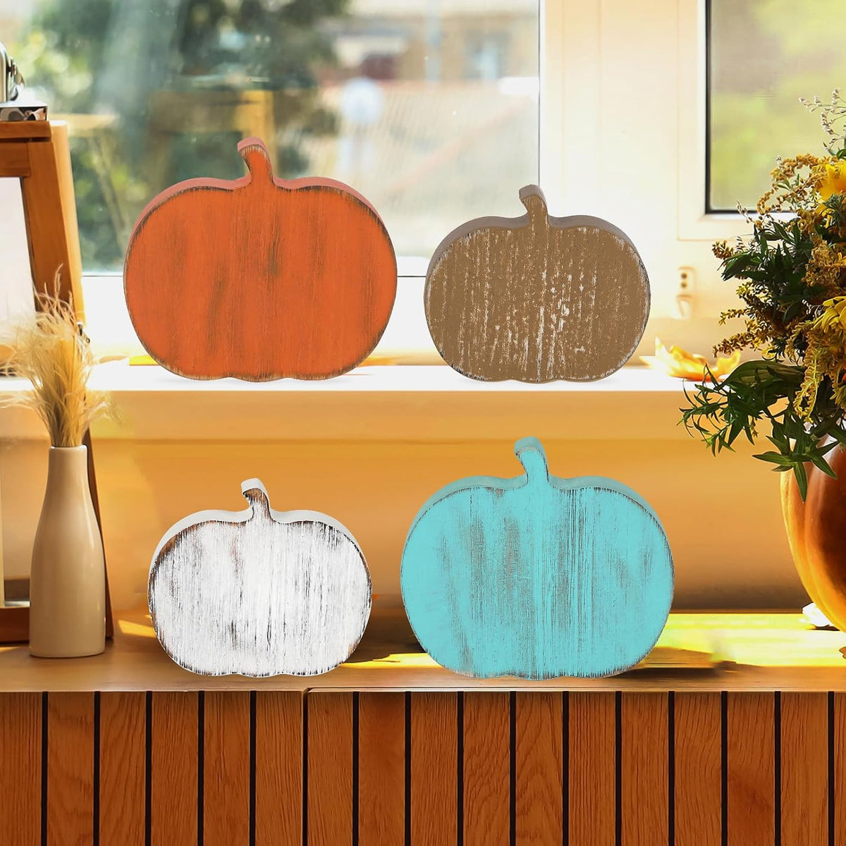 Wooden Fall Pumpkins Decorations, Set of 4 (Farmhouse Thanksgiving Tiered Tray Decor)