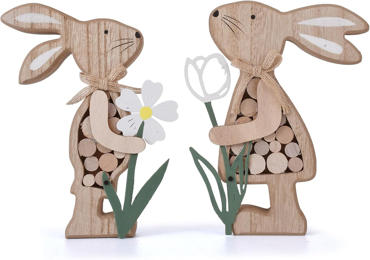 Rustic Wooden Bunny with Metal Flower, Tiered Tray Decor