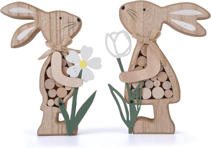 Rustic Wooden Bunny with Metal Flower, Tiered Tray Decor