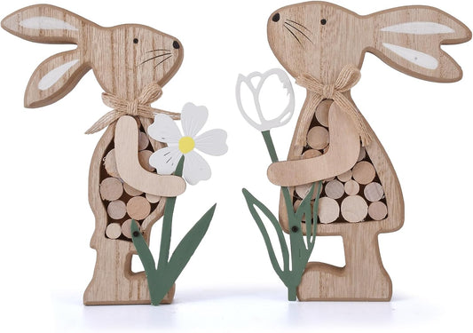 Rustic Wooden Bunny with Metal Flower, Tiered Tray Decor