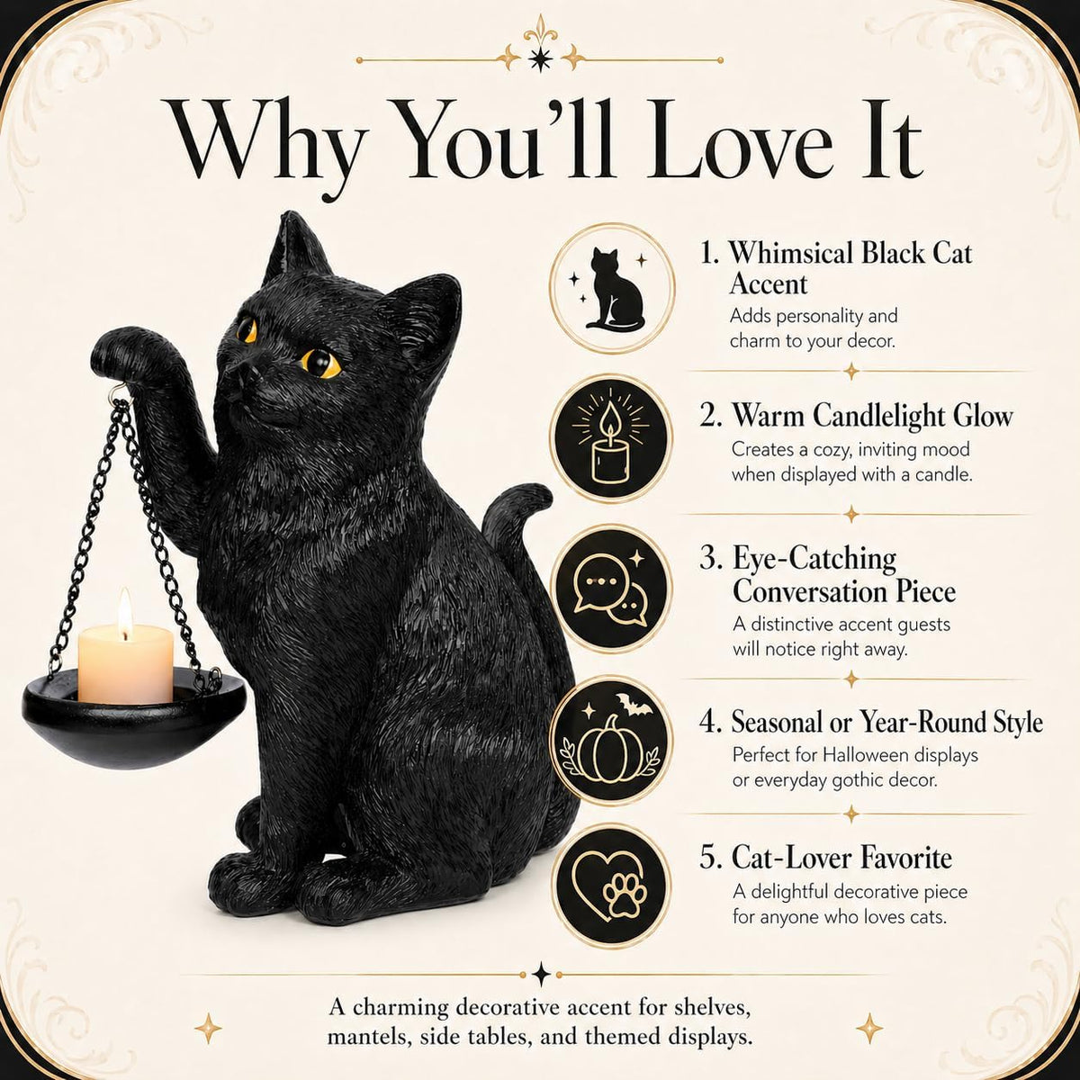 Gothic Black Cat Lamp with Tealight Candle Holder