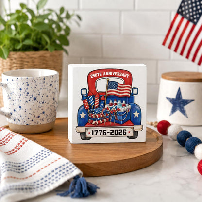 4Th of July Wooden Truck & Flag Sign