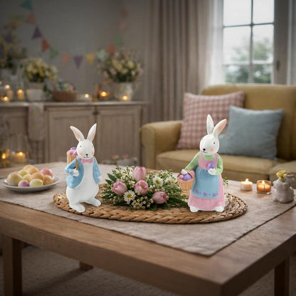 Resin Easter Bunny Figurines with Basket, Set of 2