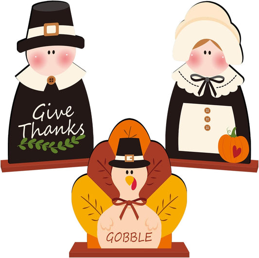 3Pcs Thanksgiving Wooden Table Centerpiece Turkey Pilgrim Couple