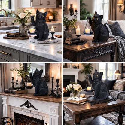 Gothic Black Cat Lamp with Tealight Candle Holder