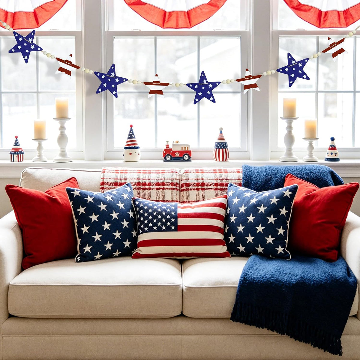Patriotic Wooden Star Garland with Beads