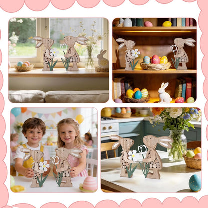 Rustic Wooden Bunny with Metal Flower, Tiered Tray Decor