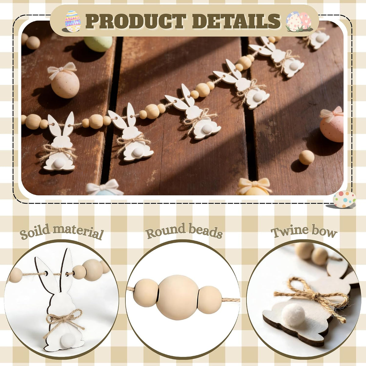 Bunny Garland with Wood Beads, 6.5Ft