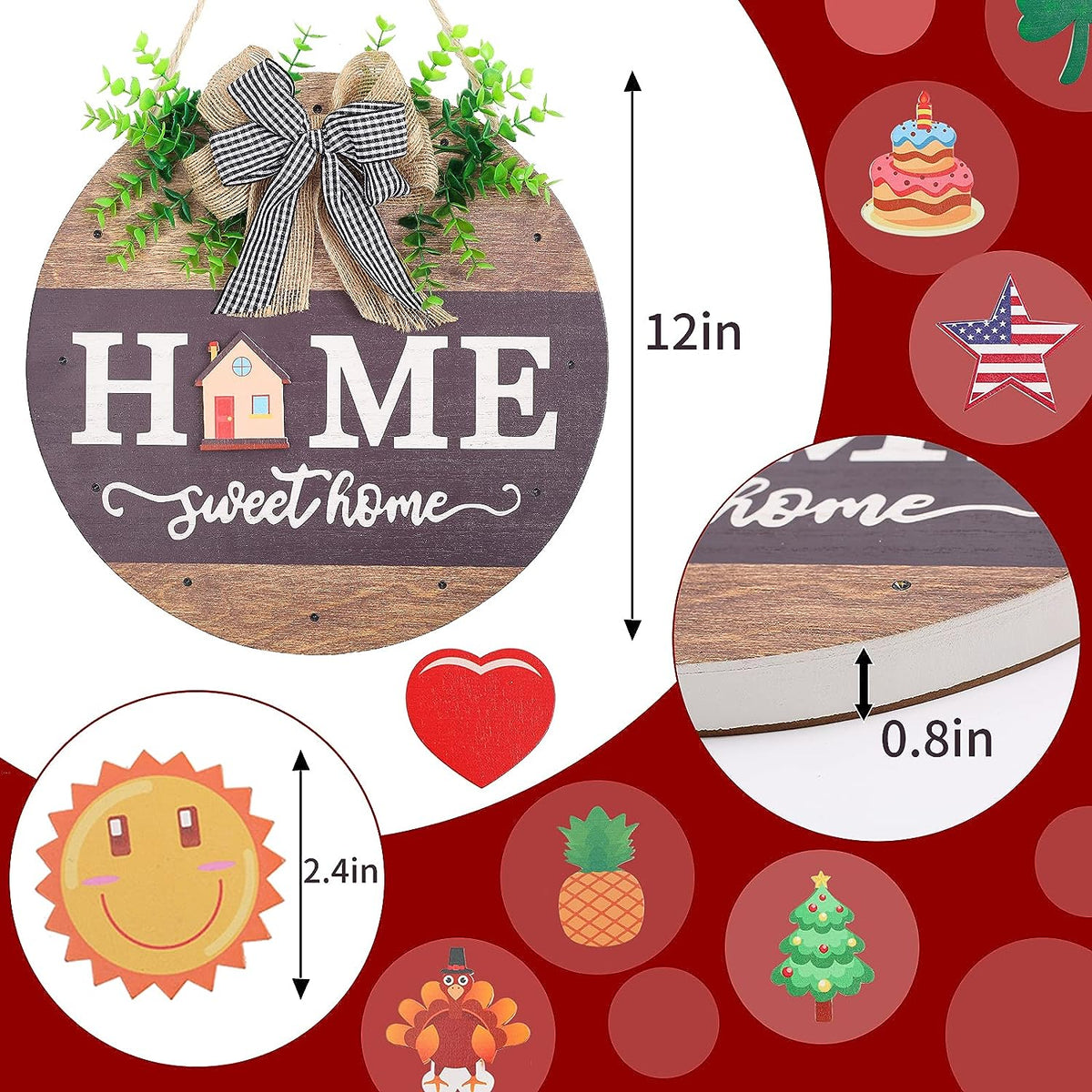 Interchangeable Welcome Sign for Front Door with 14 Changeable Icons, Farmhouse Front Porch Decor Rustic Wooden Wall Sign with 12 LED Lights, Outdoor Seasonal Welcome Home Decorations (Wood Home1)