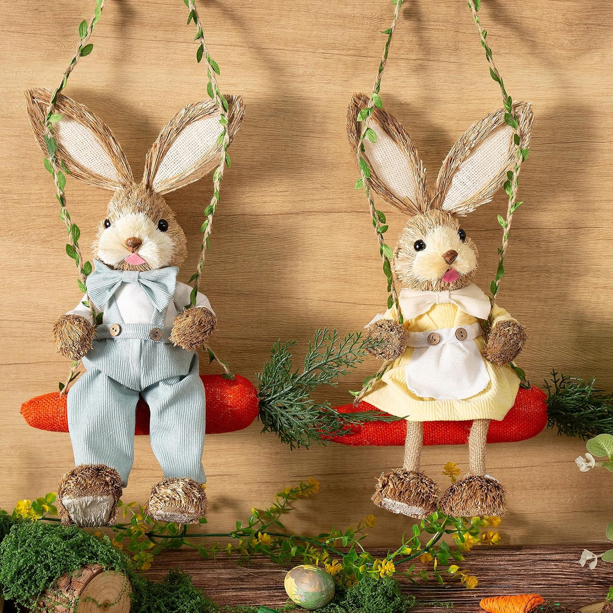 Straw Easter Bunny Swing Figurines, Set of 2