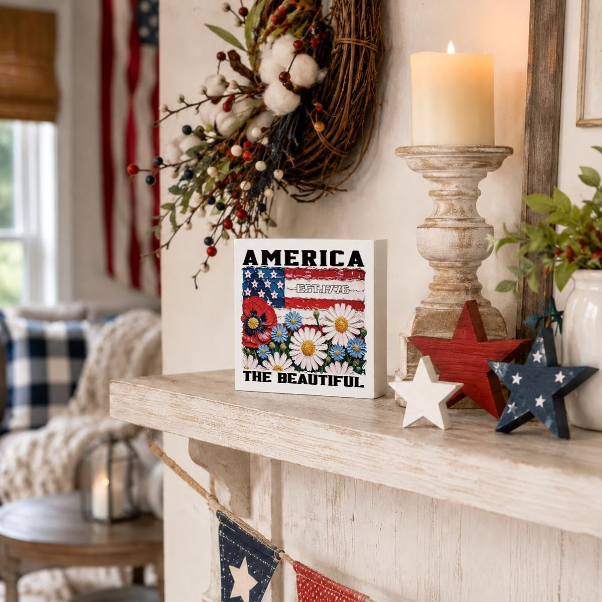 Est 1776 Floral Flag Wood Sign