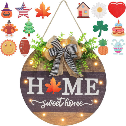 Interchangeable Welcome Sign for Front Door with 14 Changeable Icons, Farmhouse Front Porch Decor Rustic Wooden Wall Sign with 12 LED Lights, Outdoor Seasonal Welcome Home Decorations (Wood Home1)