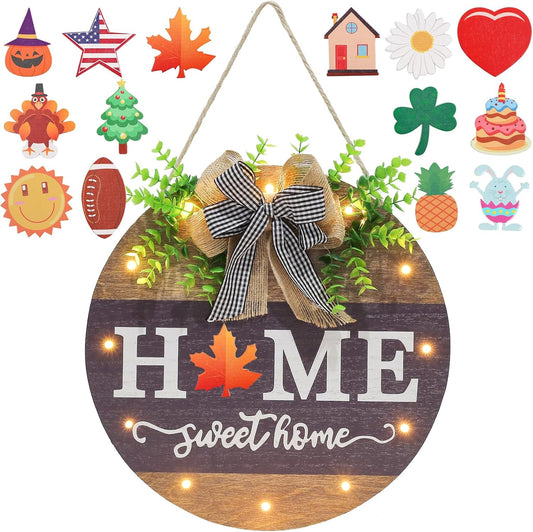 Interchangeable Welcome Sign for Front Door with 14 Changeable Icons, Farmhouse Front Porch Decor Rustic Wooden Wall Sign with 12 LED Lights, Outdoor Seasonal Welcome Home Decorations (Wood Home1)